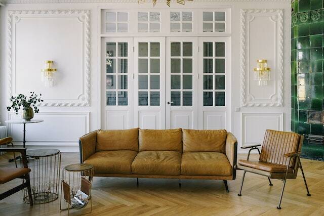 living room leather couth with chair